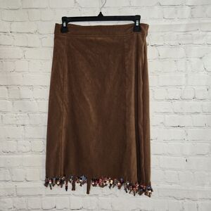 Vtg 90s Y2k White Stag Faux Suede Brown Below Knee Skirt With Beaded Fring Hem L